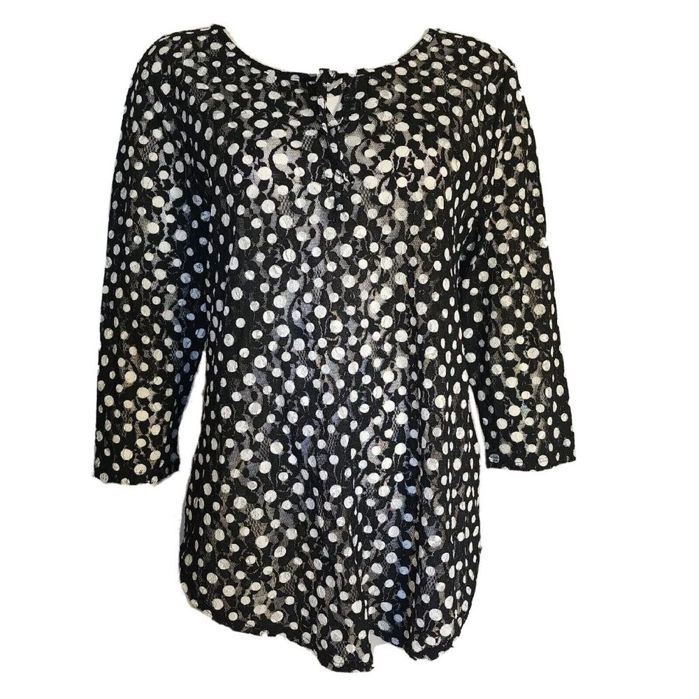 Chicos Top Size 2‎ Womens L Large Black White Polka Dot Lace Pullover 3/4 Sleeve